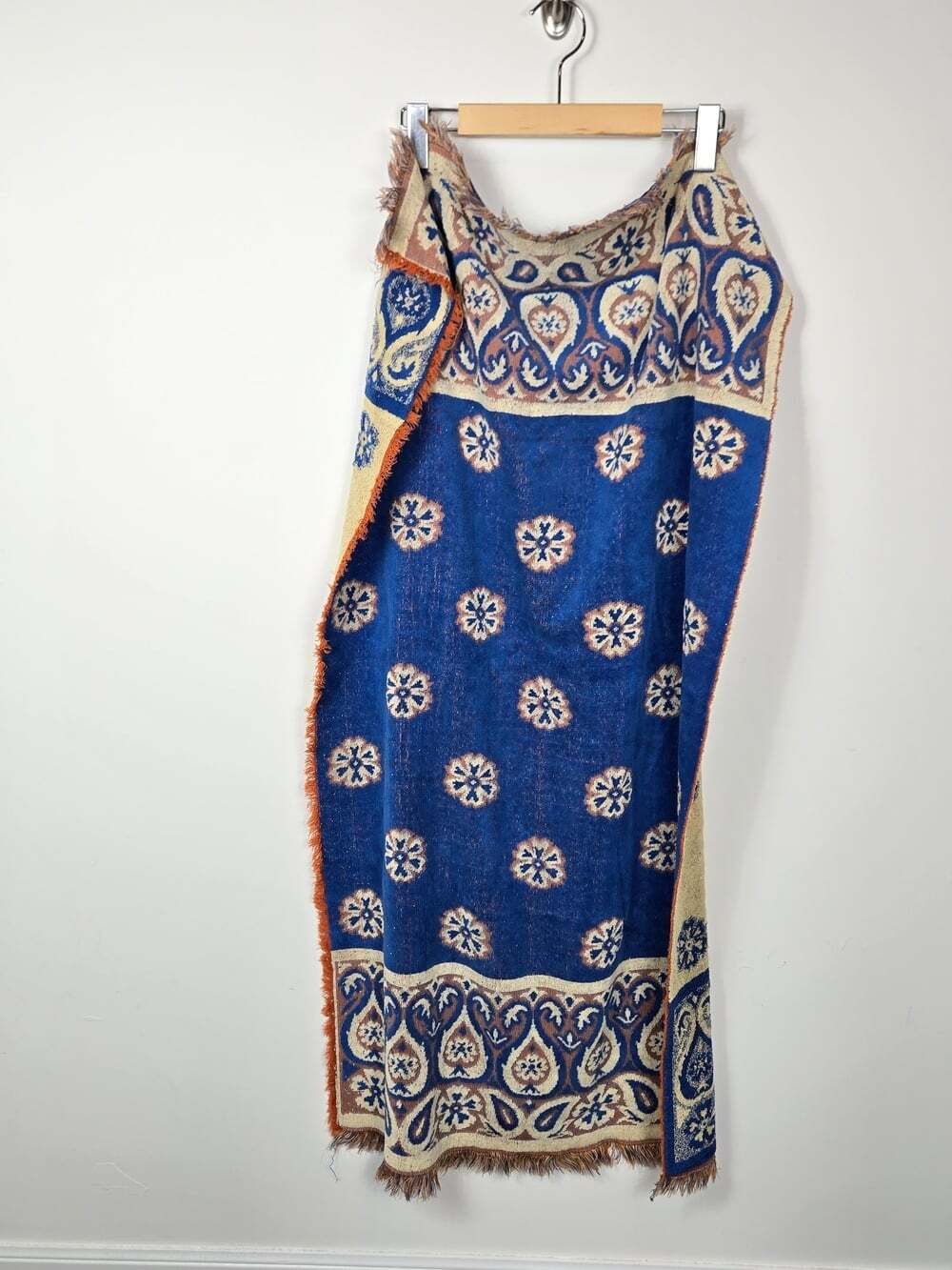 Vintage Fieldcrest Blue Paisley Cotton Towel 44x24 Boho Floral Fringe Bath